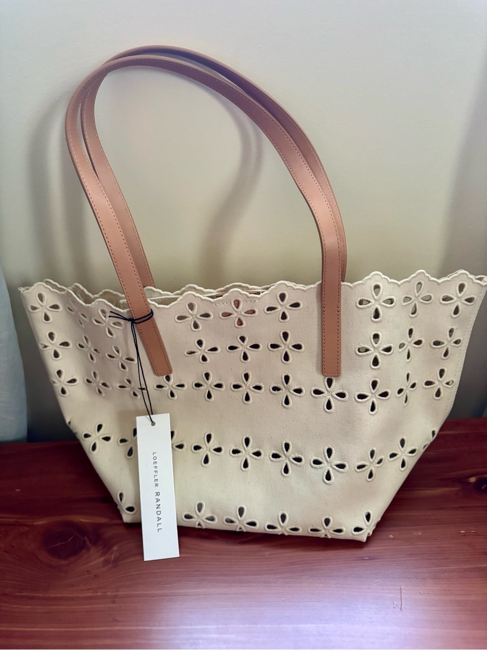 NWT Loeffler Randall Cream Eyelet Tote with Tan Handles